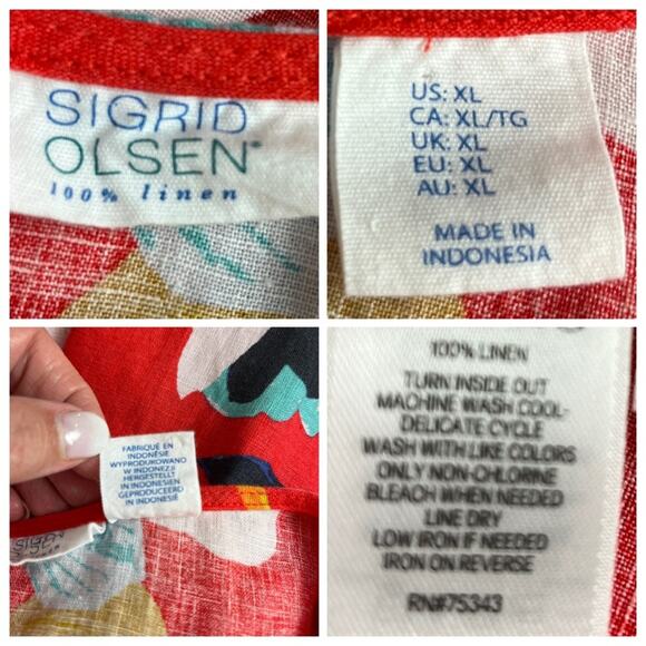 Sigrid Olsen Dress Sleeveless A-line 100% Linen Red White Floral Women’s Size XL - Picture 9 of 10